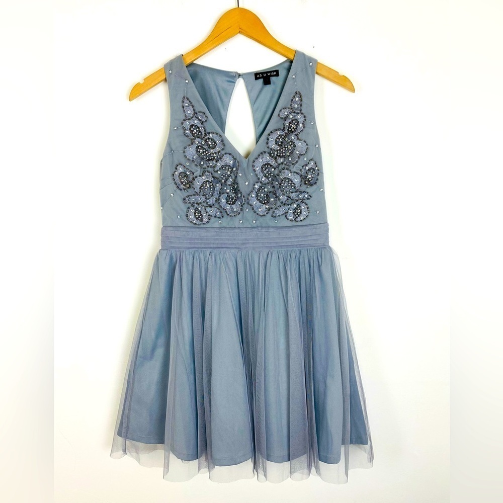 As U Wish Juniors Beaded Fit & Flare Mini Dress, Size 5, Silver Gray Party Dress